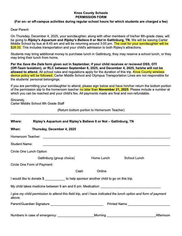  8th Grade Field Trip Information and Permission Form